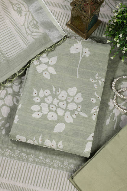 Green Color Printed Linen Cotton Unstitched Suits