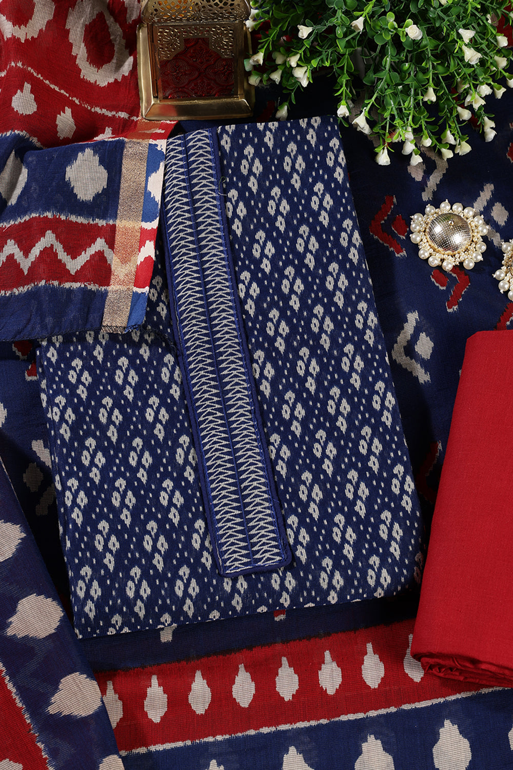 Navy Ikkat Cotton Printed Unstitched Suit Material