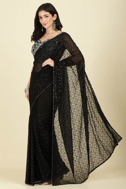 Black Georgette Sequins Embroidered Saree With Stone Work Readymade Blouse