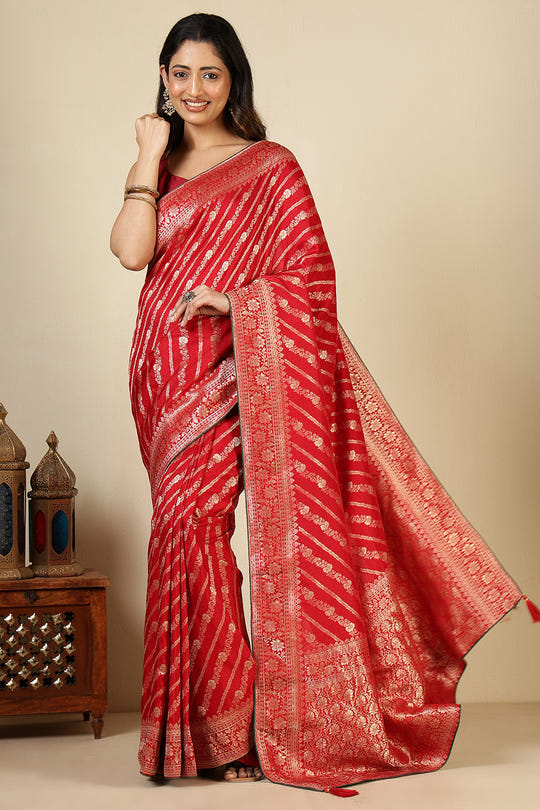 Red Color Banarasi Woven Tussar Silk Saree