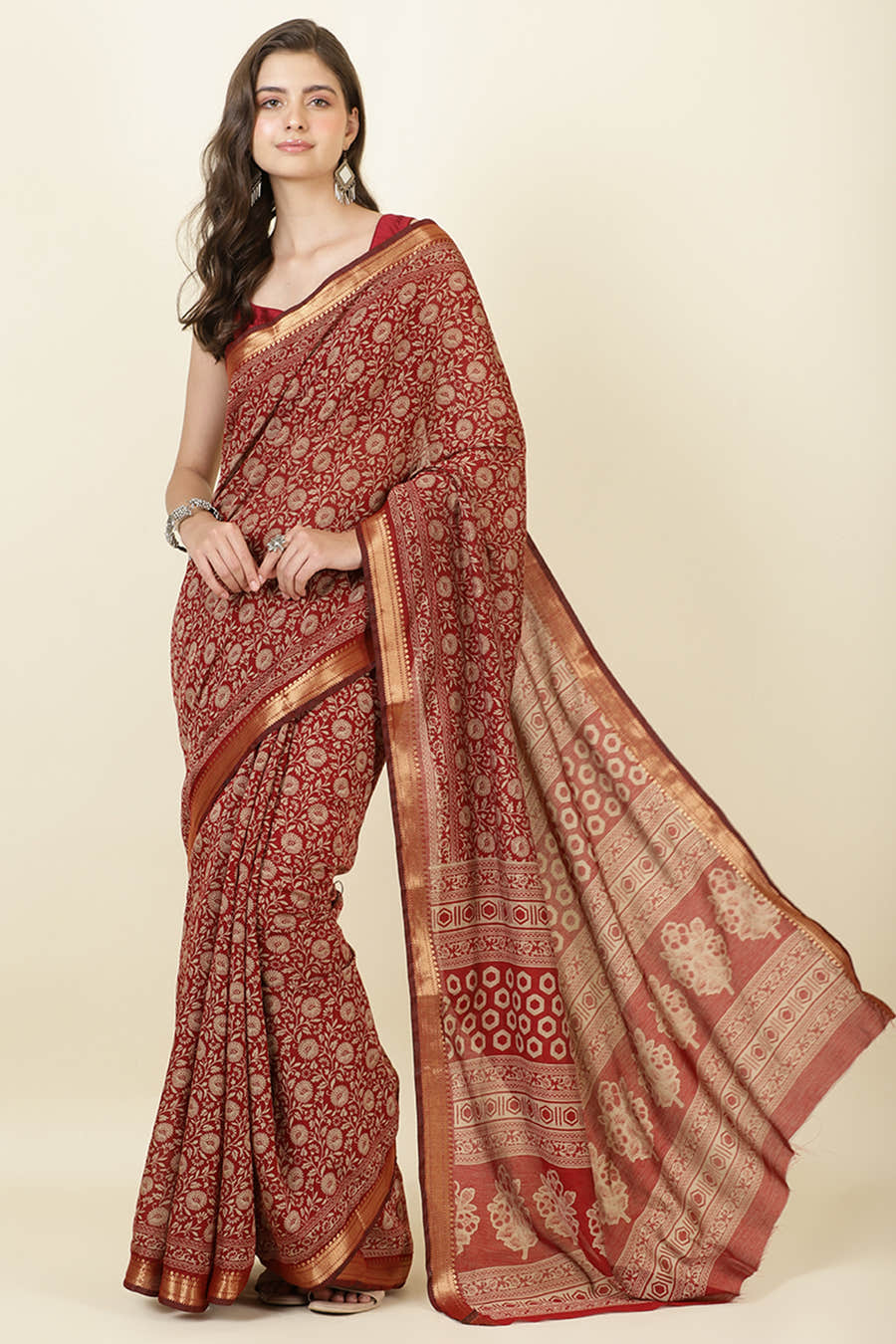 Maroon Cotton Meenkari Printed Saree