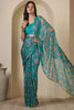 Turquoise  Chiffon Floral Zari Border & Floral Printed Saree