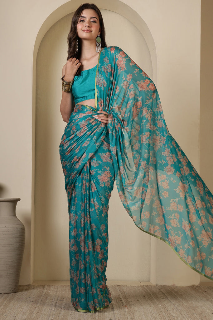 Turquoise  Chiffon Floral Zari Border & Floral Printed Saree