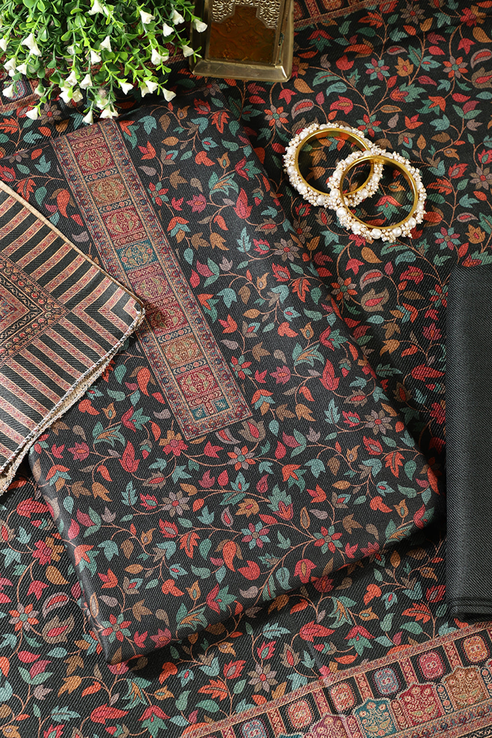Bottle Green Pashmina Floral Printed Unstitched Suit Fabric
