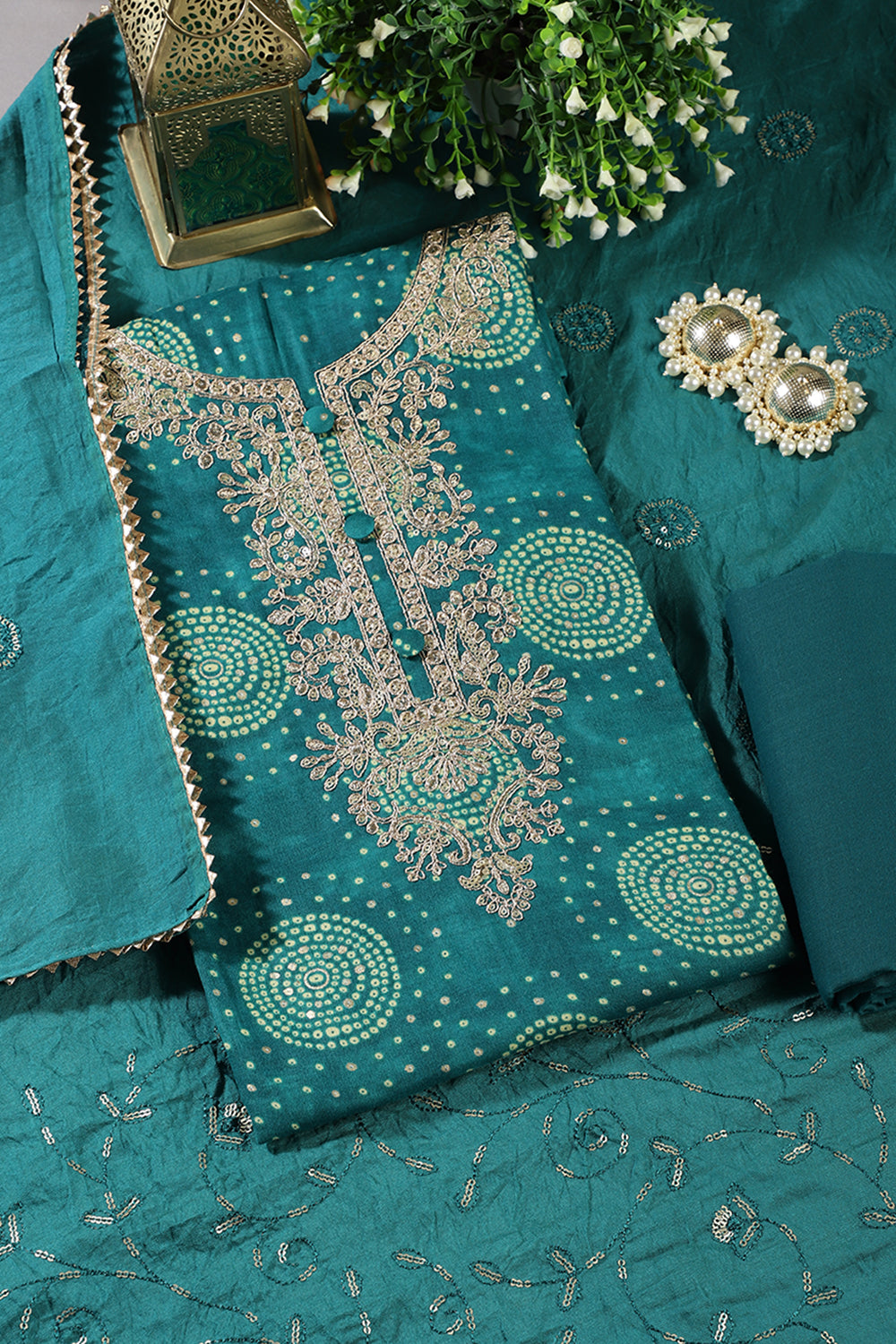 Teal Cotton Bandhani Printed & Neck Embroidered Unstitched Suit