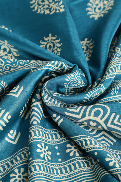 Dark Teal Color Block Printed Cotton Silk Saree