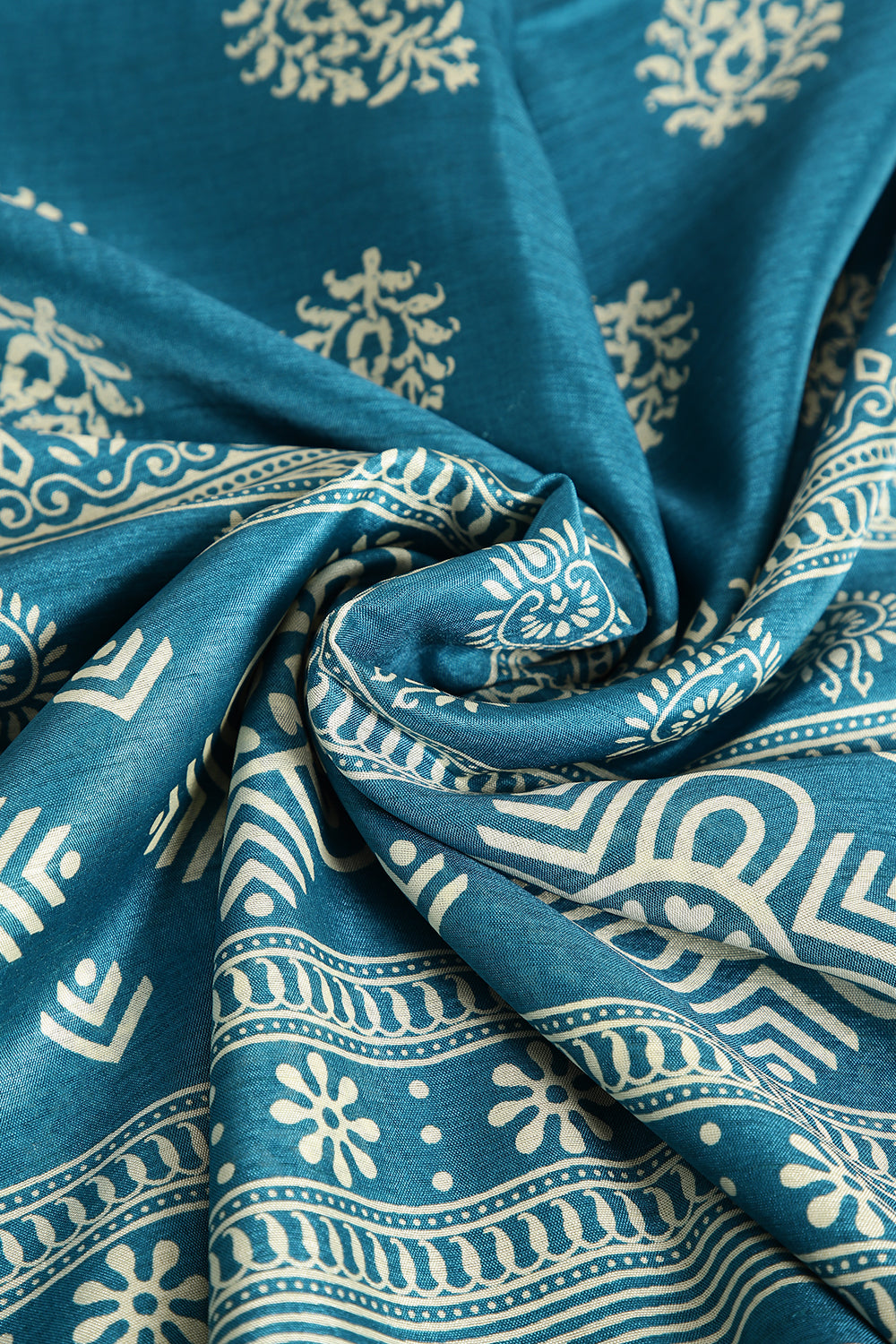 Dark Teal Color Block Printed Cotton Silk Saree