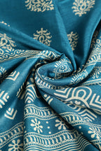Dark Teal Color Block Printed Cotton Silk Saree