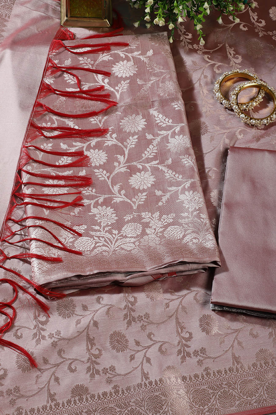 Light Mauve Zari Floral Woven Silk Unstitched Suit Fabric