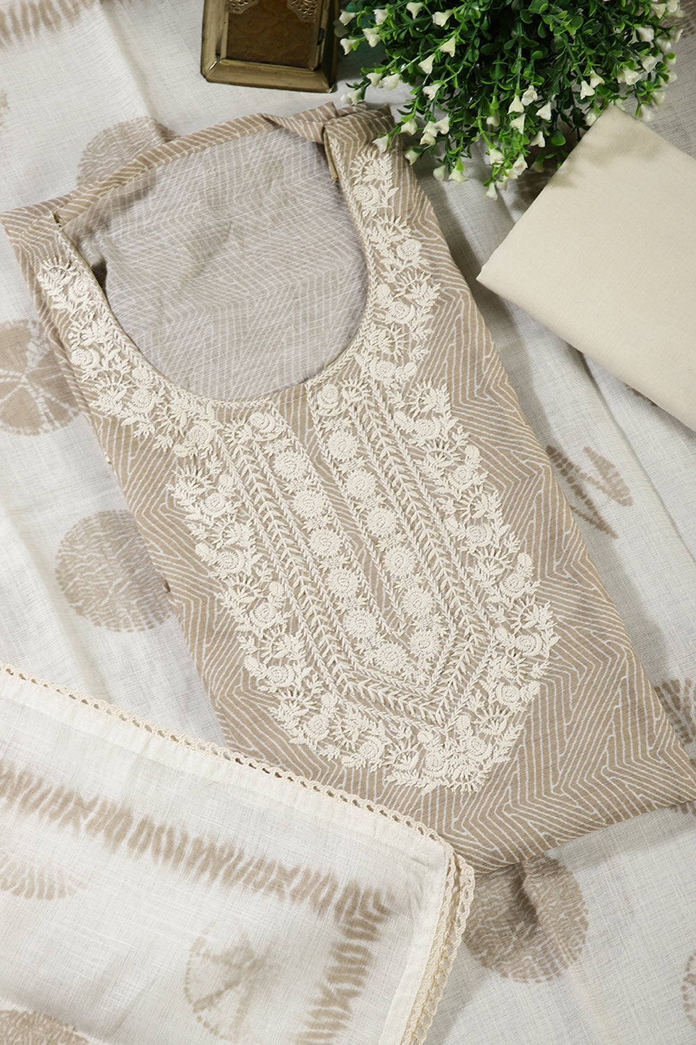 Dark Beige Colour Cotton Printed & Resham Neck Embroidered Unstitched Suit