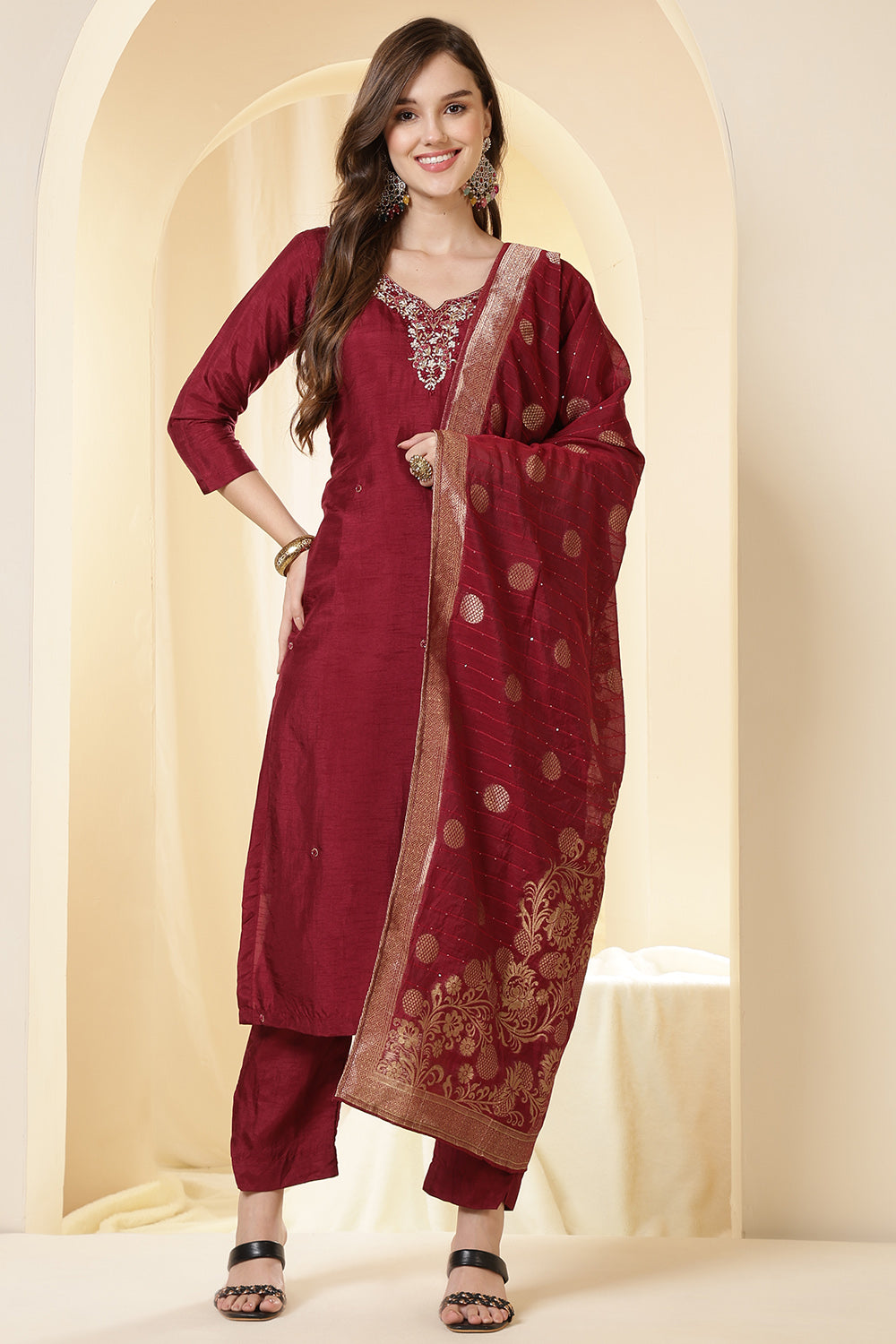 Maroon Color Silk Neck Embroidered Suit Set