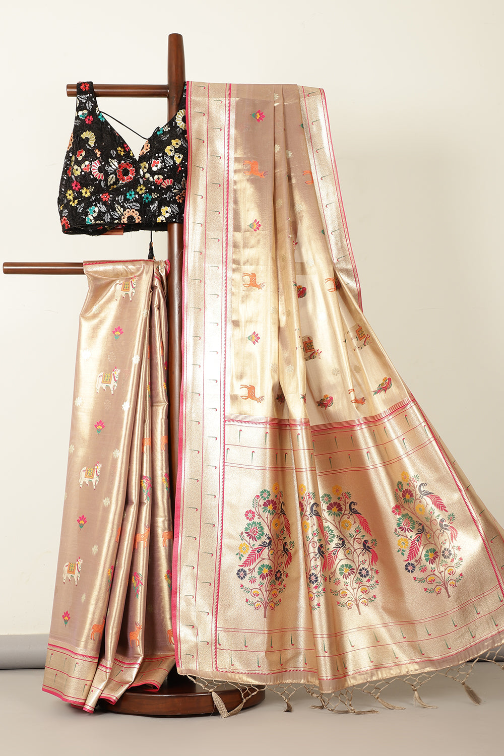 Gold & Pink Duo-Chrome Tissue Silk  Pathani Work Saree