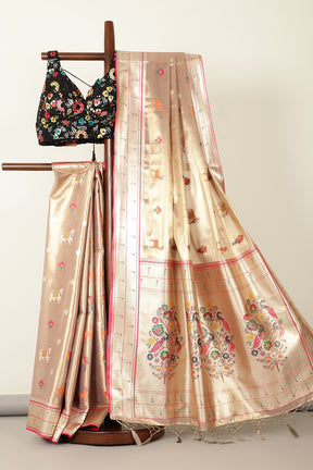 Gold & Pink Duo-Chrome Tissue Silk  Pathani Work Saree