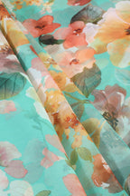 Turquoise Color Floral Printed Chiffon Saree