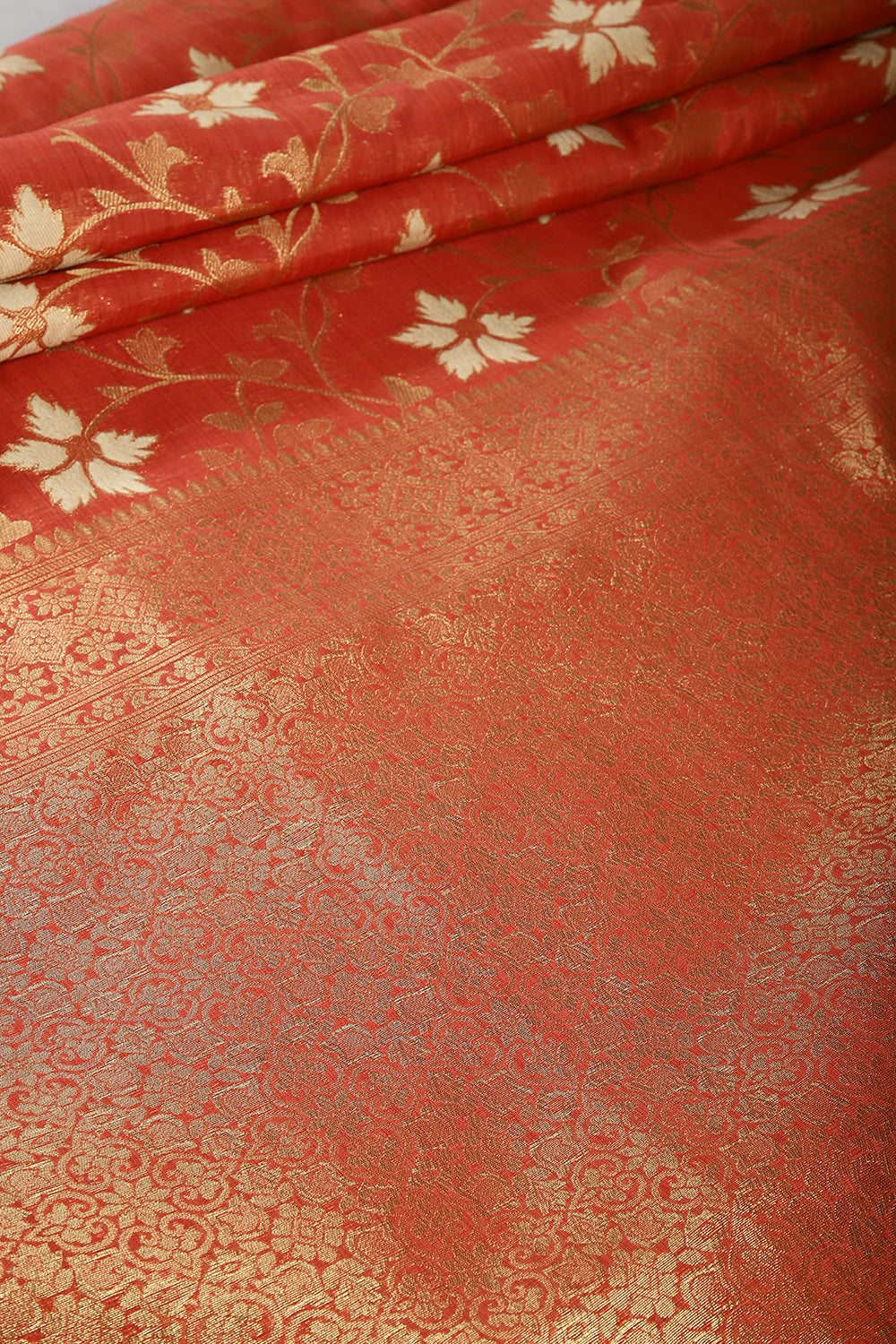 Red Color Chanderi Cotton Floral Zari Woven Saree