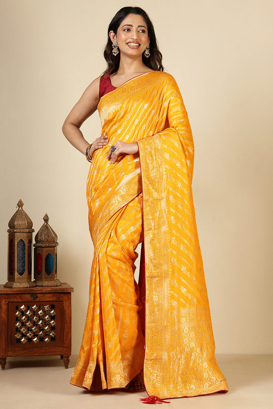 Mustard Color Banarasi Woven Tussar Silk Saree