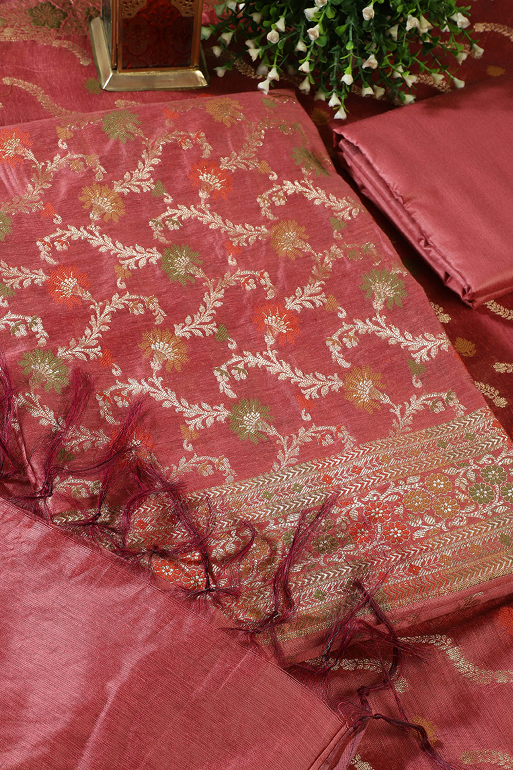 Pastel Coral Chanderi Silk Resham And Zari Woven Unstitched Suit Material