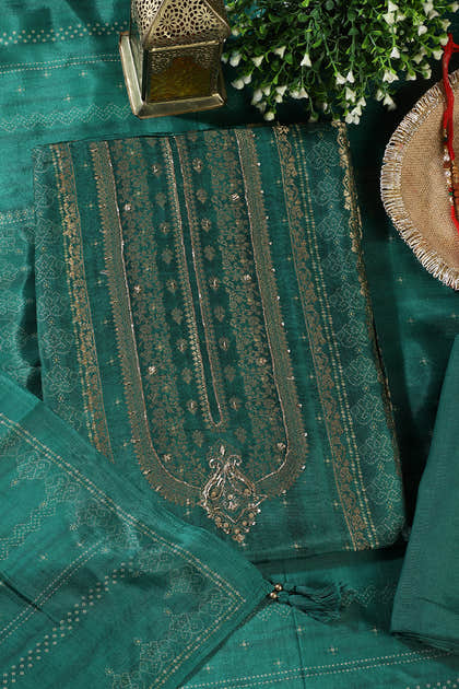 Green Silk Zari Woven And Bandhani Printed Unstitched Suit Fabric