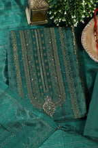 Green Silk Zari Woven And Bandhani Printed Unstitched Suit Fabric