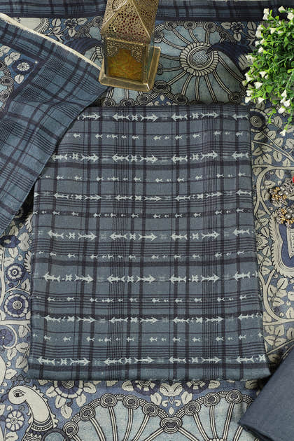 Blue Printed Spun Unstitched Suit Fabric