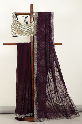 Purple Color Georgette Resham Floral Jal Woven And Swarovski Work Saree