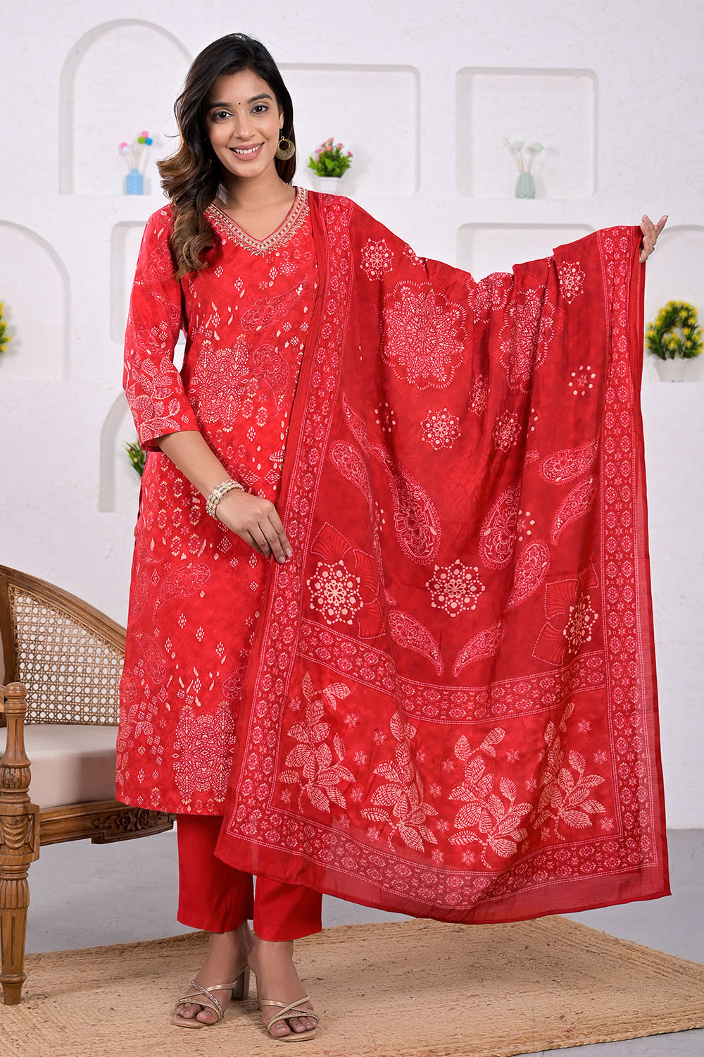 Red Color Muslin Printed & Neck Embroidered Suit