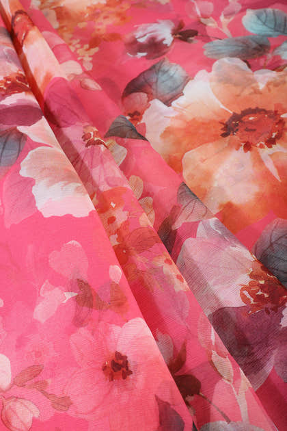 Pink Color Floral Printed Chiffon Saree