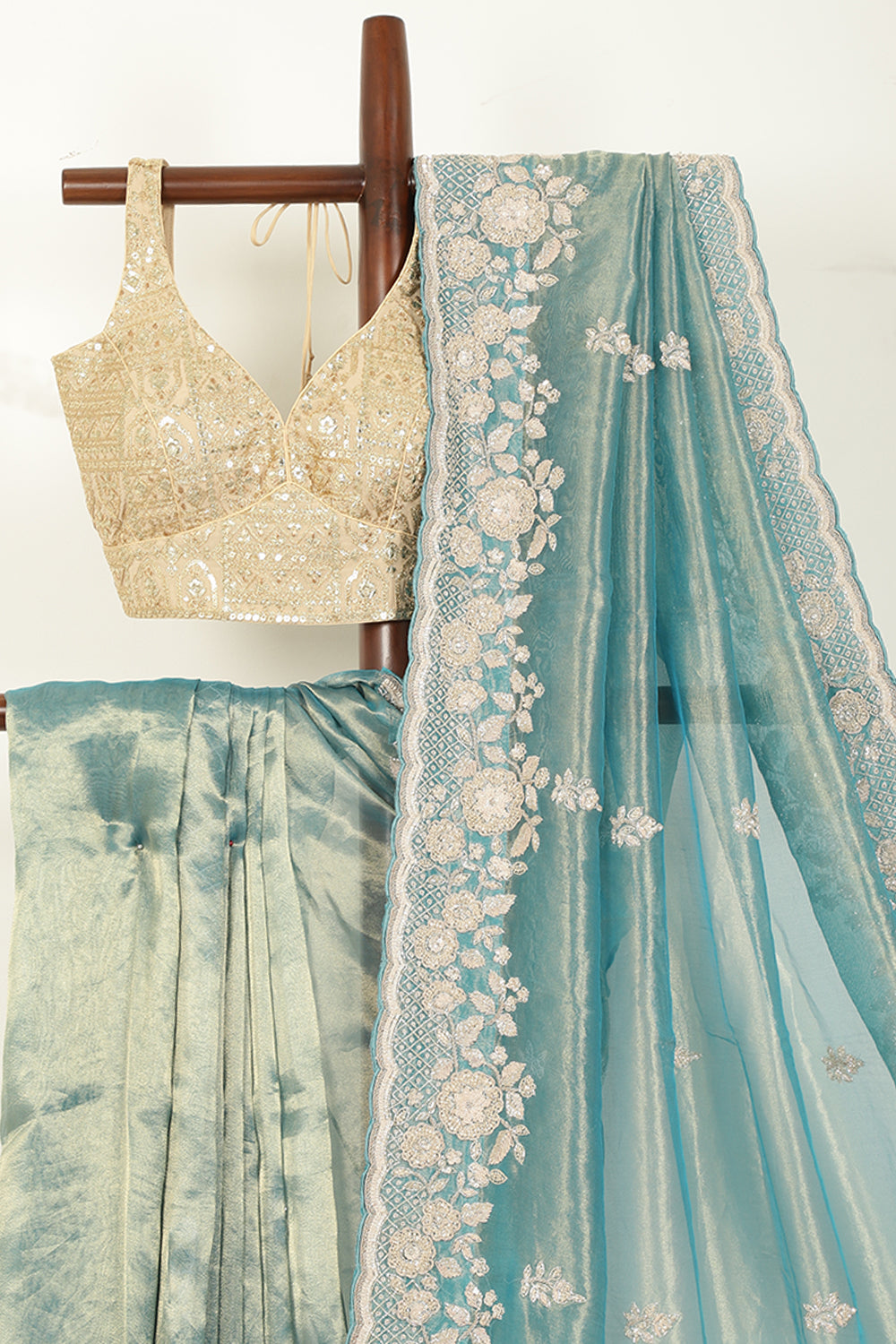 Firozi Color Pure Tissue Silk Saree with Pearl and Zardozi Handwork