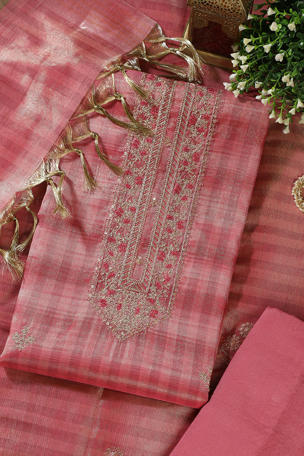 Tulip Pink Tissue Silk Zari And Resham Embroidered Unstitched Suit Material