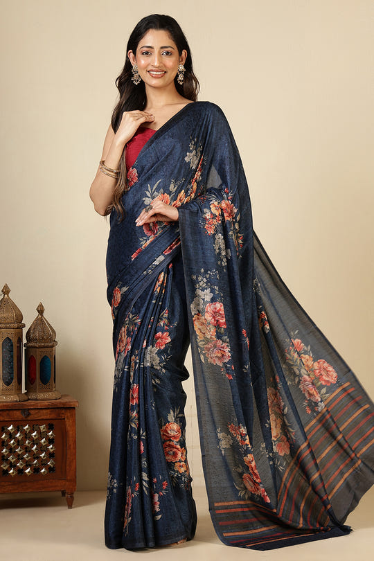 Navy Jacquard Silk Printed Saree