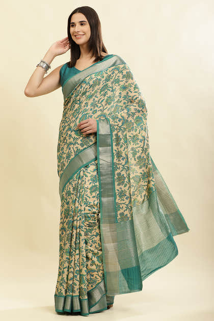 Beige & Teal Cotton Silk Floral Printed Saree