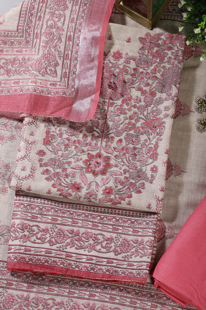 Beige & Pink Floral Printed Unstitched Suit Fabric