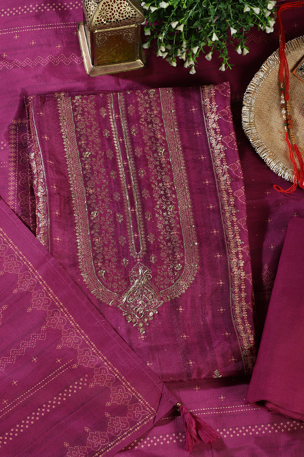 Purple Silk Zari Woven And Bandhani Printed Unstitched Suit Fabric