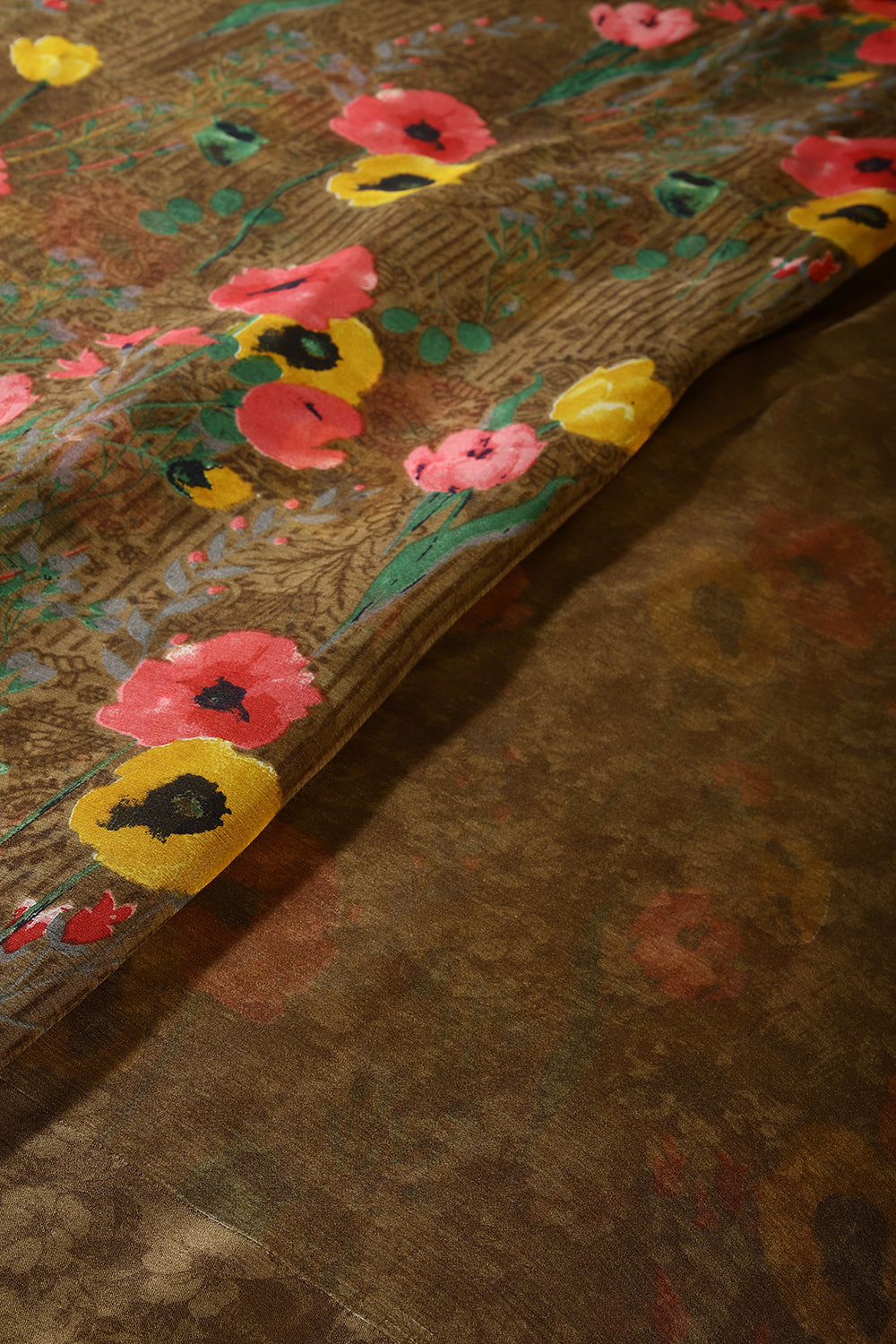 Light Brown Color Floral Printed Chiffon Saree