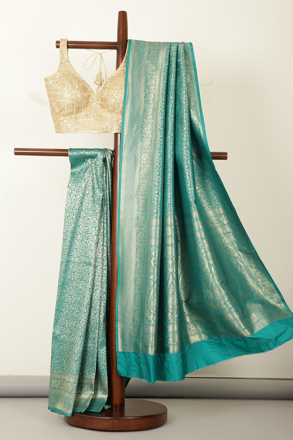 Teal Silk Zari Floral Zaal Woven Saree