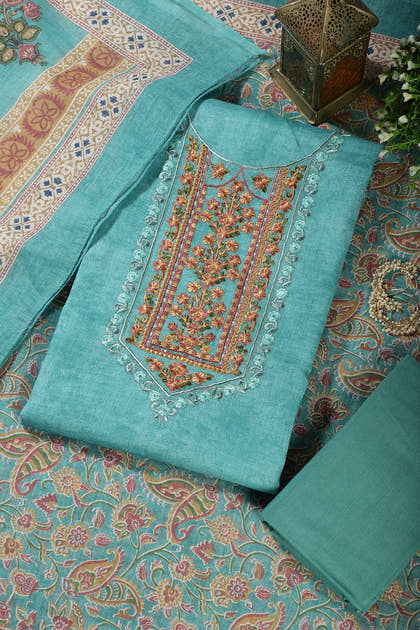 Seagreen Linen Cotton Resham Embroidered Unstitched Suit