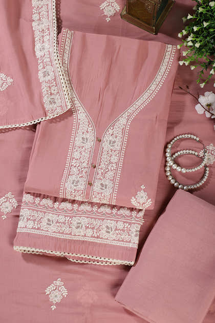 Dusty Pink Muslin Resham Embroidered Unstitched Suit Material