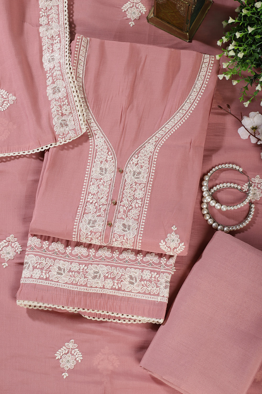 Dusty Pink Muslin Resham Embroidered Unstitched Suit Material