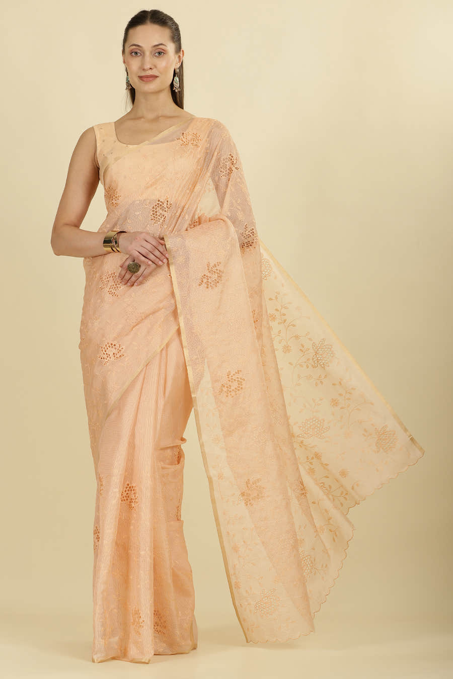Light Peach Floral Resham Embroidered Cotton Saree