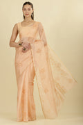 Light Peach Floral Resham Embroidered Cotton Saree
