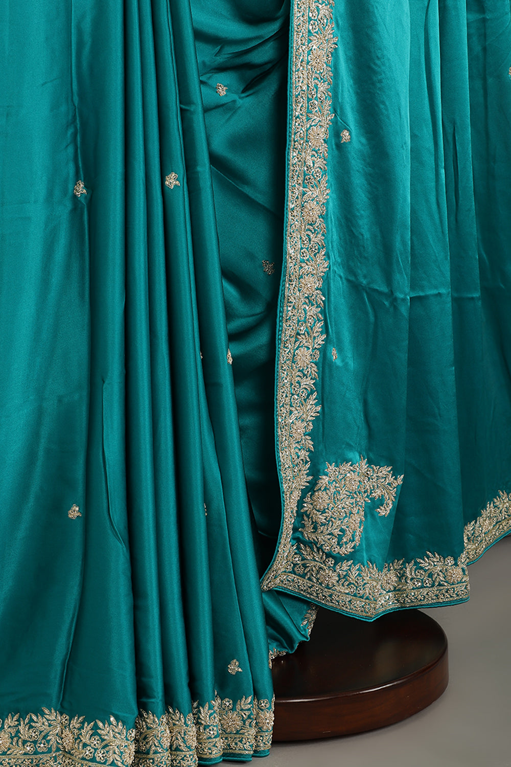 Firozi Colr Pure Satin Crepe Saree with Zardozi Handwork