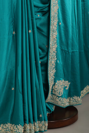 Firozi Colr Pure Satin Crepe Saree with Zardozi Handwork