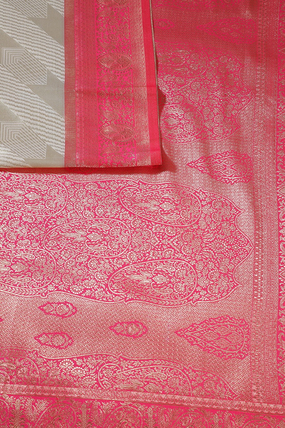 Beige & Red Brocade Silk Zari Woven Saree