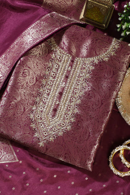Wine Silk Zari Woven And Embroidered Unstitched Suit Material