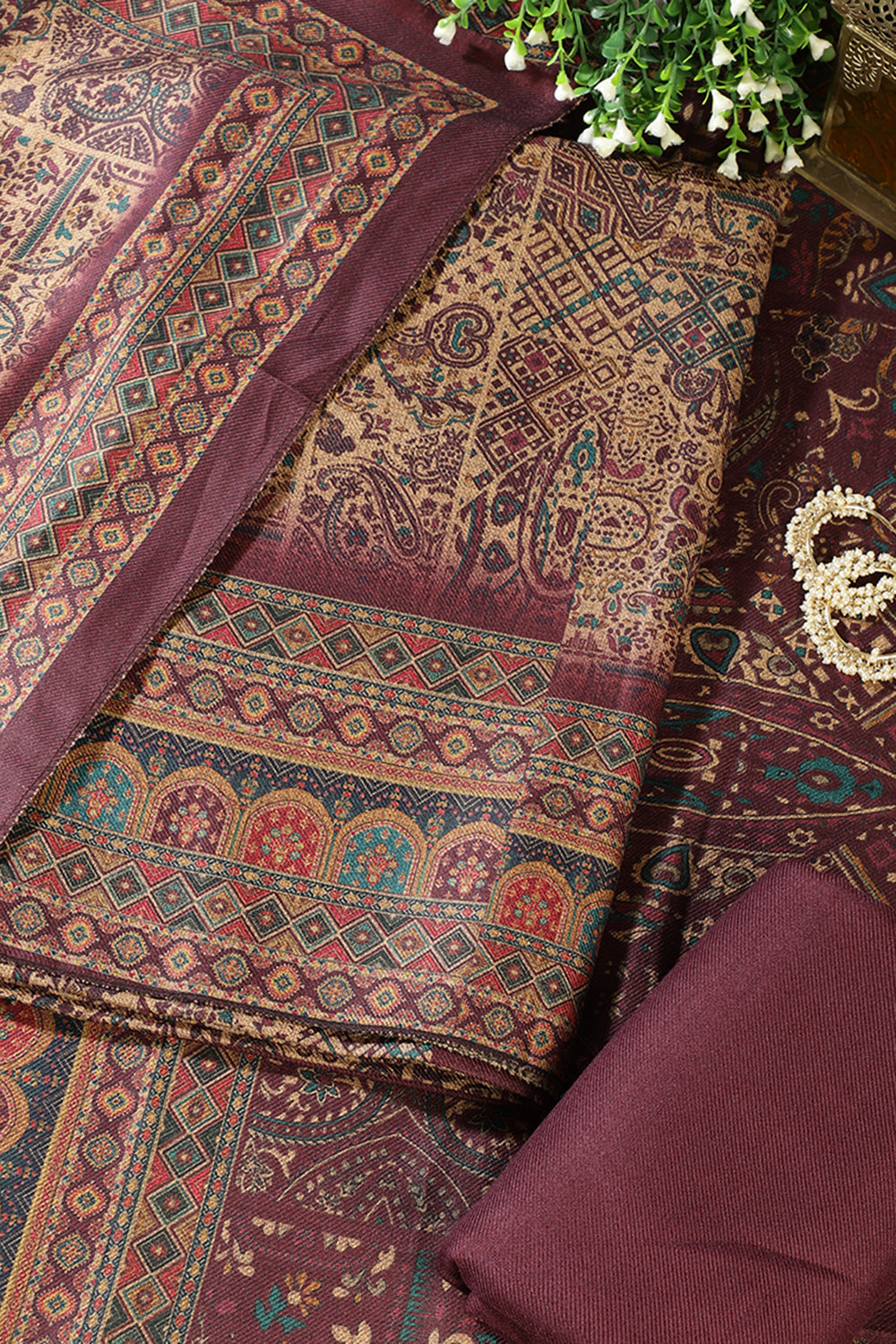Wine Pashmina Digital Printed Unstitched Suit Material