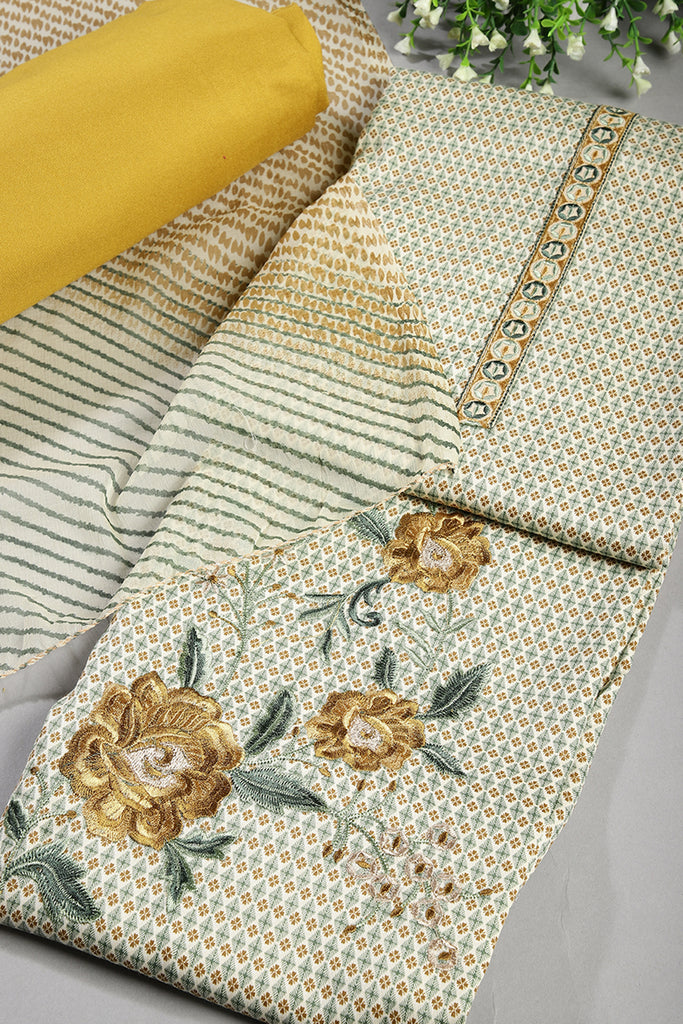 Mustard Color Printed And Resham Embroidered Unstitched Suit Material