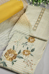 Mustard Color Printed And Resham Embroidered Unstitched Suit Material