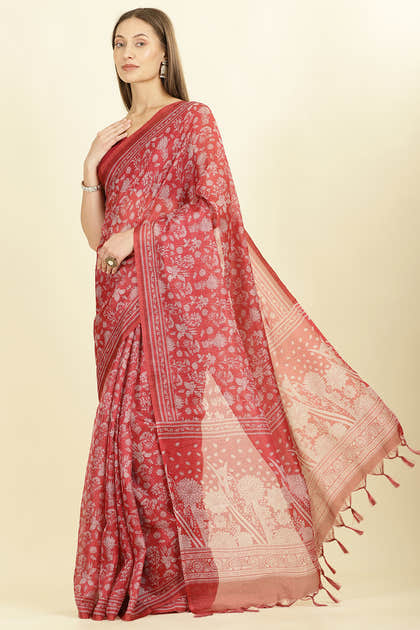Maroon Kota Cotton Floral Jaal Printed Saree