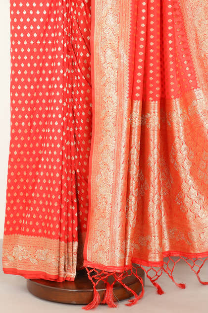 Red Silk Zari Woven And Swaroski Work Saree