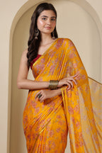 Mustard Chiffon Floral Zari Border & Floral Printed Saree